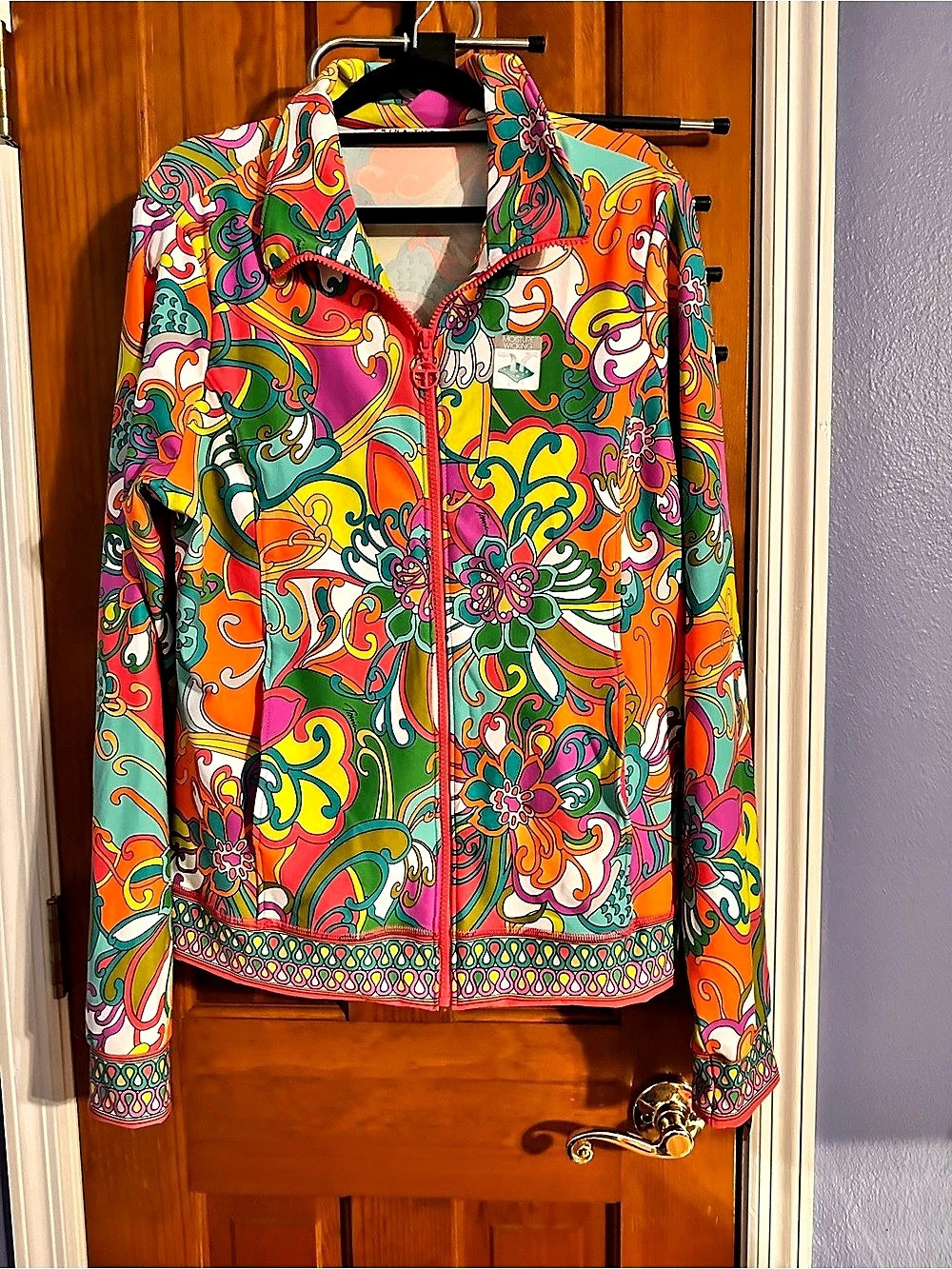 Trina Turk Recreation Paisley Bomber Jacket in Orange & Green XL NWT